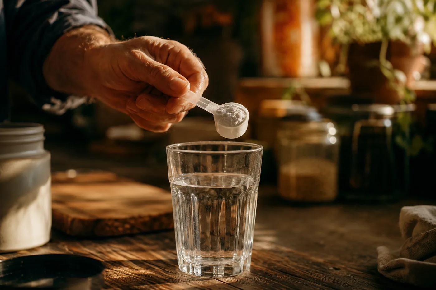 Une cuillère doseuse de créatine monohydrate au-dessus d'un verre d'eau
