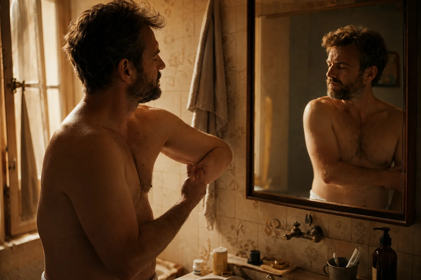 Un homme de 45 ans observe son bras dans le miroir de sa salle de bain