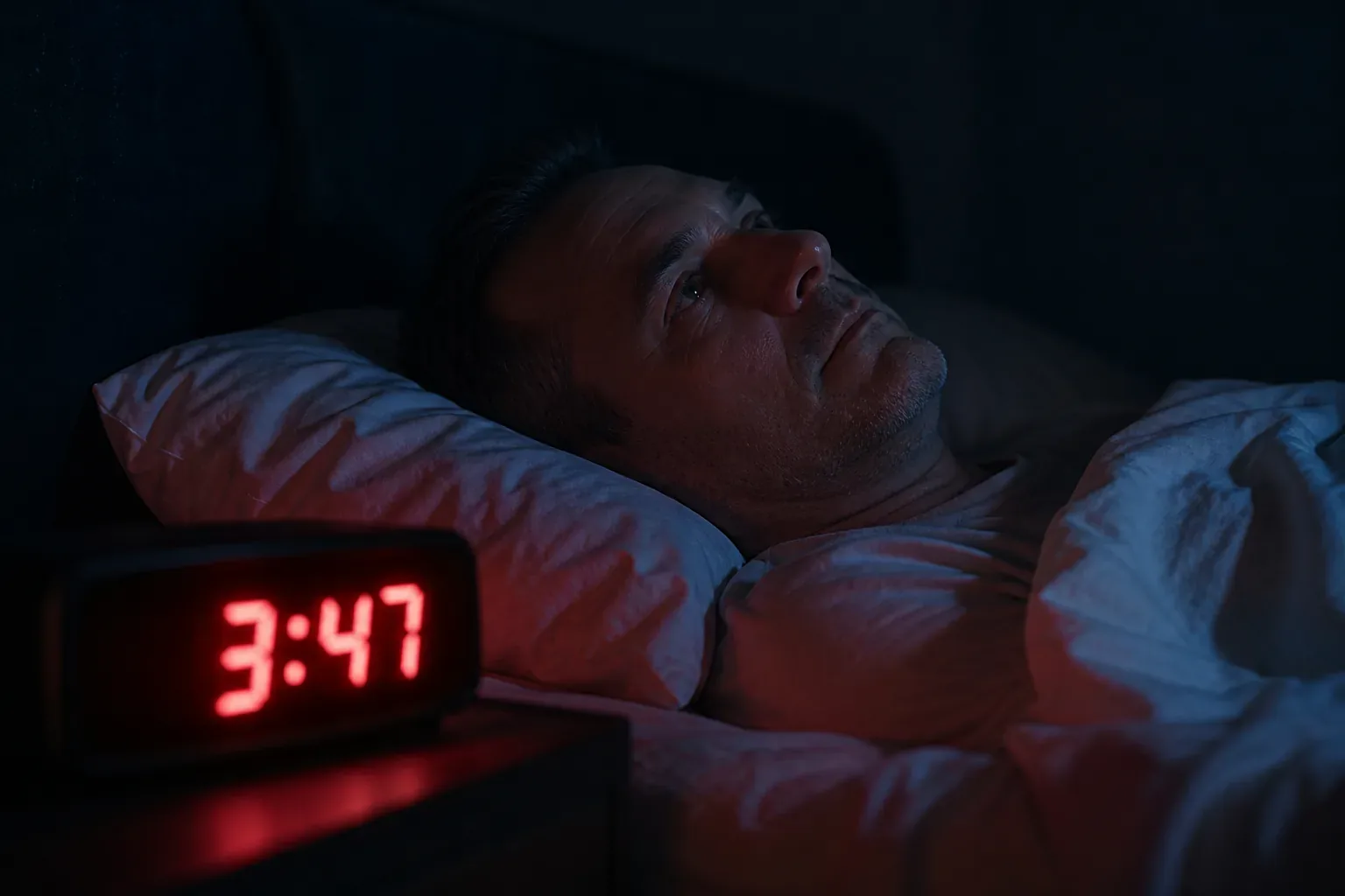 Un homme quadragénaire éveillé dans son lit au milieu de la nuit, éclairé par la lueur rouge de son réveil